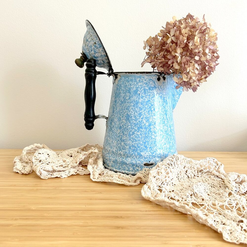 Vintage Blue Splatterware French Enamel Pitcher Coffee Pot with Lid